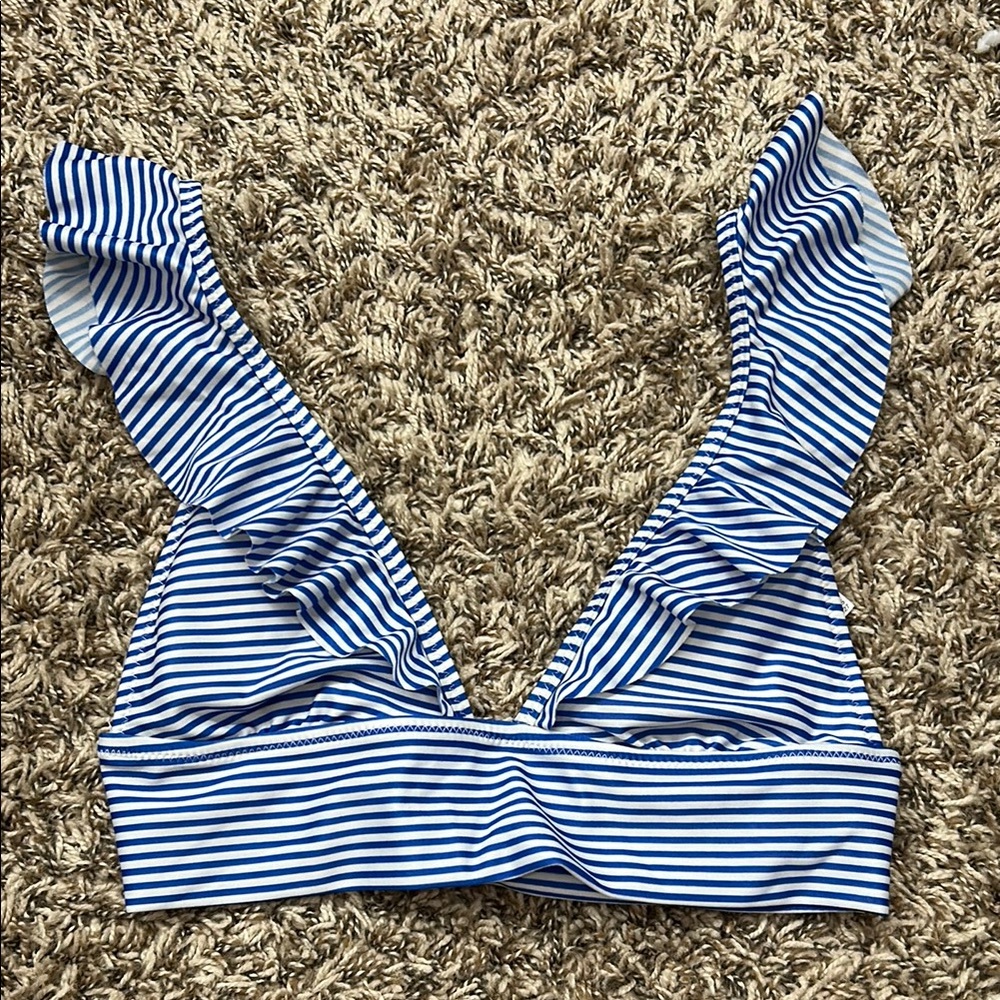 aerie Blue & White Striped Ruffle V-Neck Bikini Top - Picture 3 of 7
